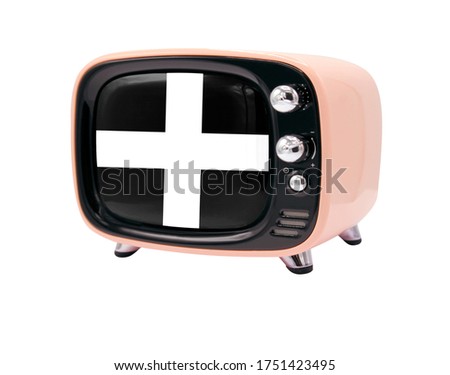 The retro old TV is isolated against a white background with the flag of St Piran