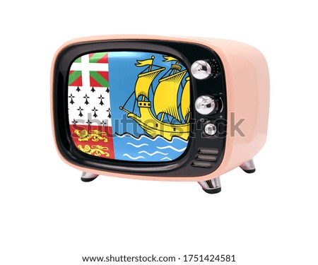The retro old TV is isolated against a white background with the flag of Saint Pierre and Miquelon
