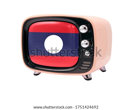 The retro old TV is isolated against a white background with the flag of Laos