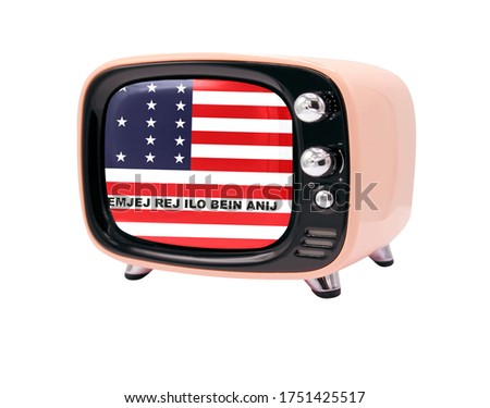 The retro old TV is isolated against a white background with the flag of Bikini Atoll