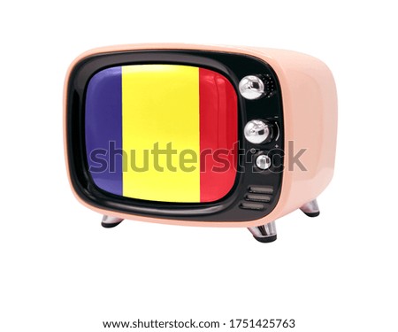 The retro old TV is isolated against a white background with the flag of Romania