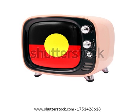 The retro old TV is isolated against a white background with the flag of Australian Aboriginal