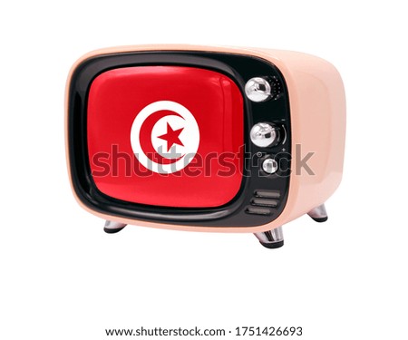 The retro old TV is isolated against a white background with the flag of Tunisia