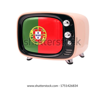 The retro old TV is isolated against a white background with the flag of Portugal