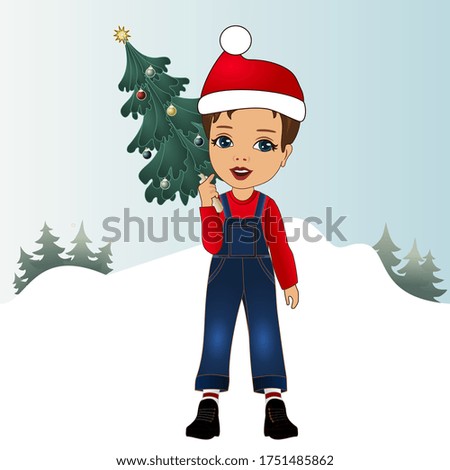 Boy in red santa hat carries christmas tree, color vector illustration on winter background