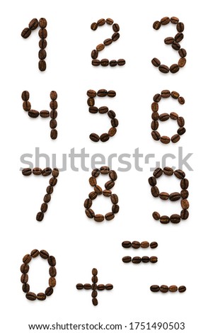 Numbers and signs made up of coffee beans. Isolated on a white background