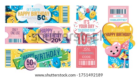 Birthday voucher. Happiness face on birthday gift voucher with discount offer. Happy birhday coupon template with colorful background and sale code. Celebration certificate