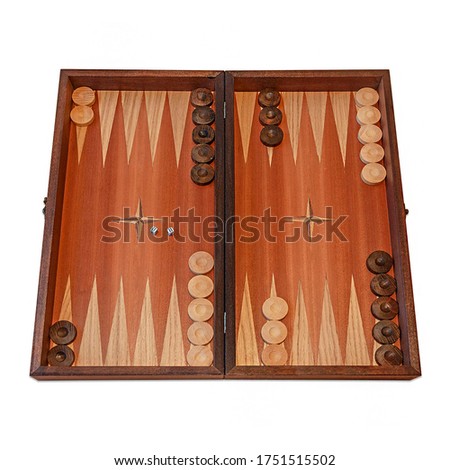 Isolated close up view of backgammon board on white background.