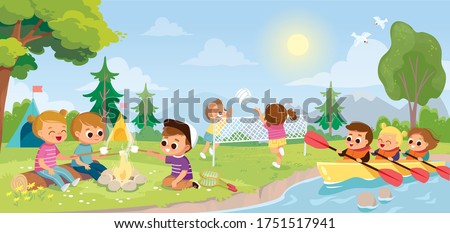 Summer landscape with kids. Children camp.