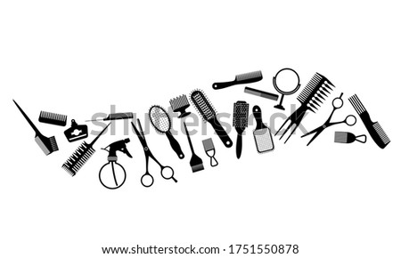 A large set of tools for the hairdresser or groomer. black silhouette. Flat vector illustration isolated on white background. Royalty-Free Stock Photo #1751550878