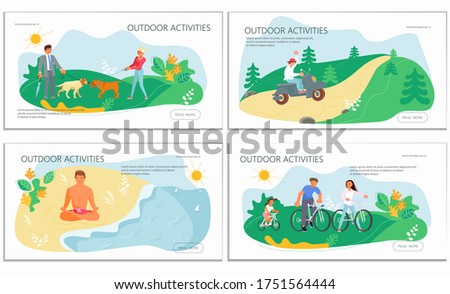 Nature activities set of landing web page template. People performing exercise, fitness training, healthy habits, active lifestyle, outdoor workout. Flat Art Vector Illustration