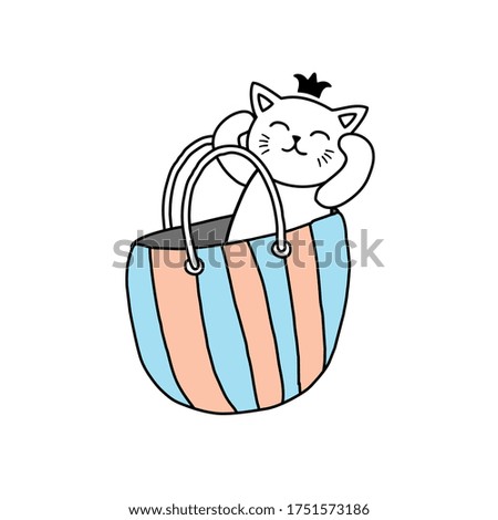 Cute cat is sitting in a bag and smiling.