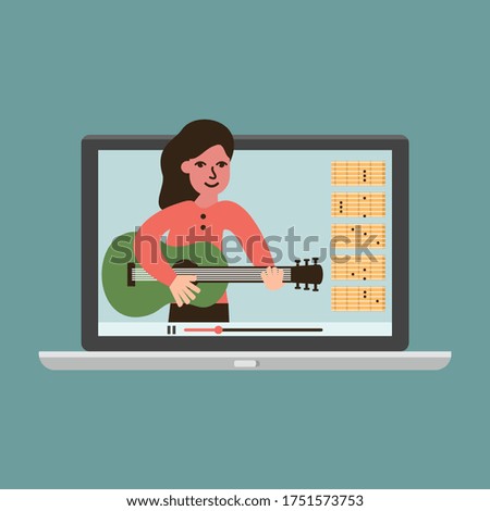 A girl teaching guitar in online class. Online music learning. Guitarist performing with professional equipment. Talented musician playing musical instruments. Vector illustration.