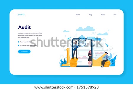 Audit web banner or landing page. Business operation research and analysis. Financial inspection and analytics. Isolated flat vector illustration