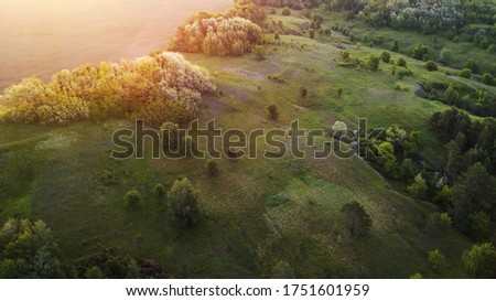 aerial landscape at sunrise. natural summer background. drone shot