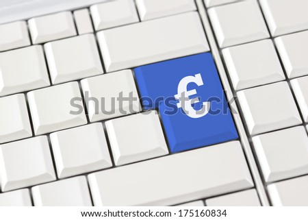 Euro symbol on a blue key on a computer keyboard with blank white keys in a conceptual image of the European currency and the crisis.