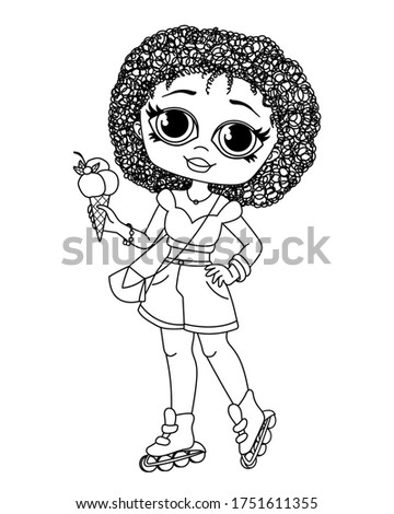 Stylish girl lol on roller skates and with ice cream in her hands. Afro hairstyle. Curls. Fashion clothes. Summer. Black outline on a white isolated background. Vector and illustration.