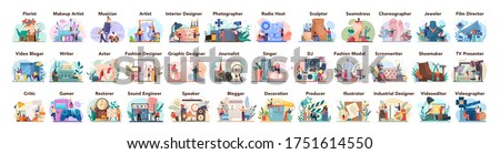 Artistic occupation set. Designer, dancer, artist, musician, florist and sculptor, restorer and make up artist. Collection of hobby and m odern profession. Isolated vector illustration Royalty-Free Stock Photo #1751614550