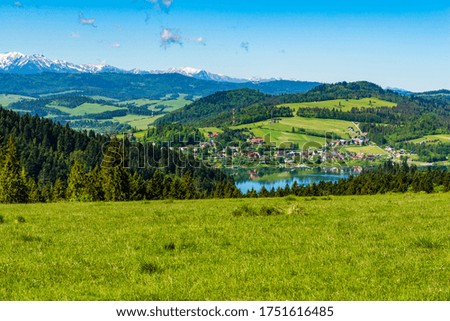 Village houses built on the lake. Rural idyllic scenery of the Pieniny landscape.