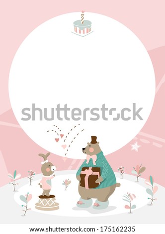 Illustration of happy Valentine's day in pink background. A cute bear hands a rabbit a gift for valentine's day and a rabbit expresses her thanks.
