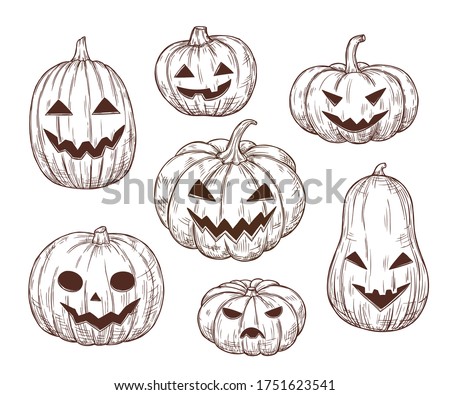 Halloween pumpkin sketch. Vector illustration in retro style. Frightening and funny pumpkins with carved mouths and eyes. Isolated objects. For banners, advertising, posters, backgrounds, invitations, Royalty-Free Stock Photo #1751623541