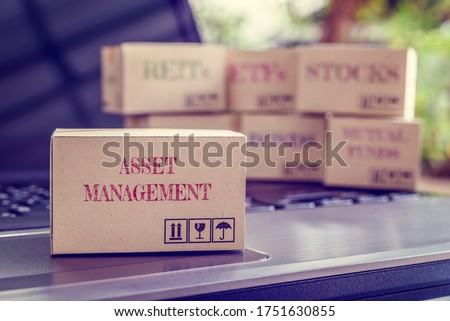 Online asset management / portfolio risk diversification for long-term sustainable growth concept : Boxes of financial products e.g bonds, commodities, stocks, mutual funds, ETFs, REITs on a laptop Royalty-Free Stock Photo #1751630855