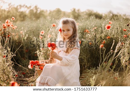 Cute little blonde girl in white dress in  a sunny summer day sit in the poppies field with red flowers in the hand