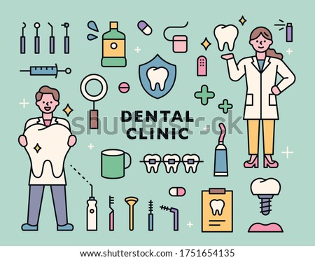 Dentist character and dental icons. flat design style minimal vector illustration.