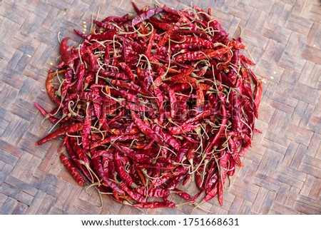 Dried red chilies on threshing basket