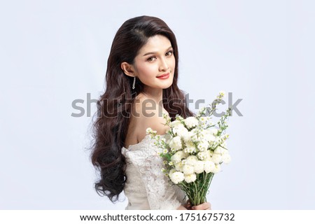 Beautiful asian woman bride on white background.