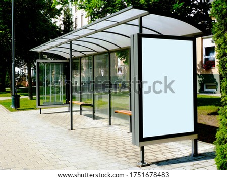 composite bus shelter. blank poster ad and billboard lightbox. background image for mock-up. replace with your own ad. raster type empty white place holder. bust stop. transit and transportation.