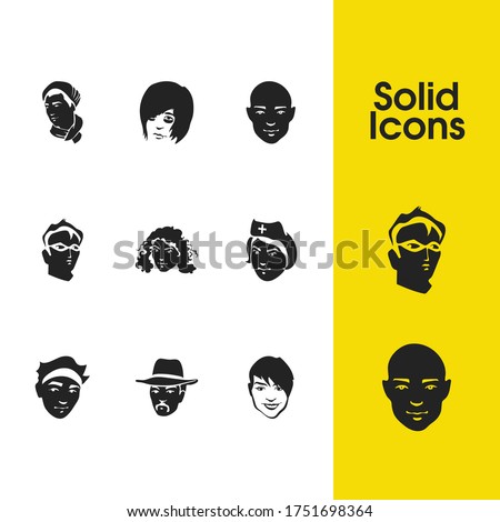 Faces icons set with curly hair woman, emo and nurse elements. Set of faces icons and hairstyle concept. Editable vector elements for logo app UI design.