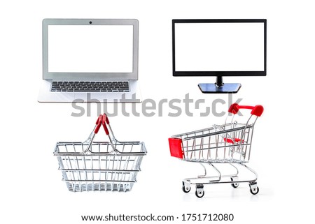 laptop or notebook with monitor screen and shopping cart and basket on white background for advertisement showcase or advertising marketing concept. 