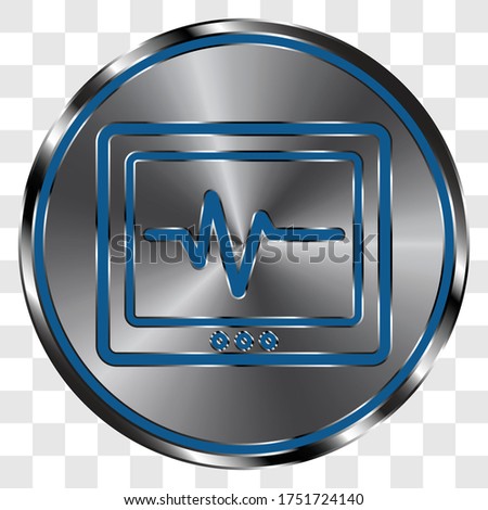 Heartbeat cardio medical simple icon on metal round button. Transparent grid