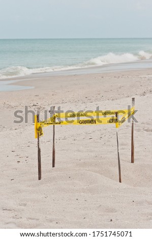 Front view, close distance of a yellow, tape barrier around a logger head turtle nest on a sandy, tropical, beach, on the gulf of Mexico, on a sunny morning