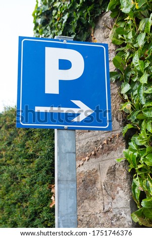 Blue parking sign (Europe, France). Capital letter P with an arrow to the right. Big close up with a blurred background. Green foliage. Vertical shot.