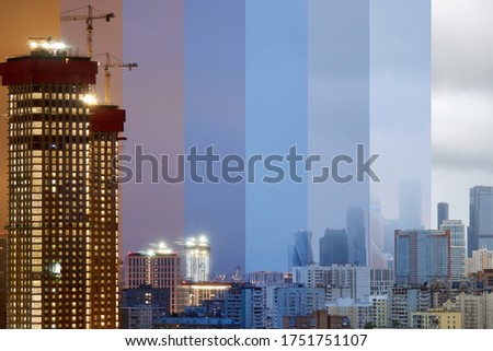 Time-lapse collage of slices of different times. Lighting of the city at different times of the day.The construction of a high-rise building in the city. Moscow. Russia.  Royalty-Free Stock Photo #1751751107