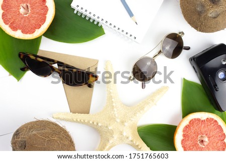 Coconuts, grapefruit, starfish, green tropical leaves, envelope, letter, sunglasses, camera flat lay on white background with copy space. Summer, holidays, vacation, travel concept layout. Stock photo