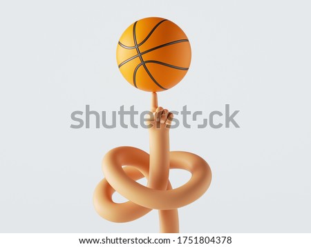 3d render, cartoon character tangled hand spins ball on a finger, isolated on white background. Basketball player. Sport clip art