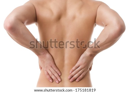 Man touching spine.Pain concept.Isolated on white