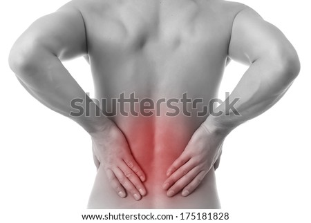 Man touching spine.Pain concept.Isolated on white