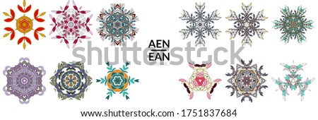 Set of floral symmetrical geometrical symbols. Vector flower mandala icon isolated on white. Oriental round colored pattern. Properly grouped for black outline and colored part of each mandala.
