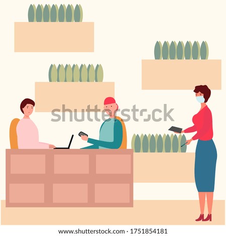 Cartoon business meeting of two men in a restaurant on a vector background. A man with a laptop, a guy with a phone and a waitress in a medical mask. Flat urban illustration. The concept of technology