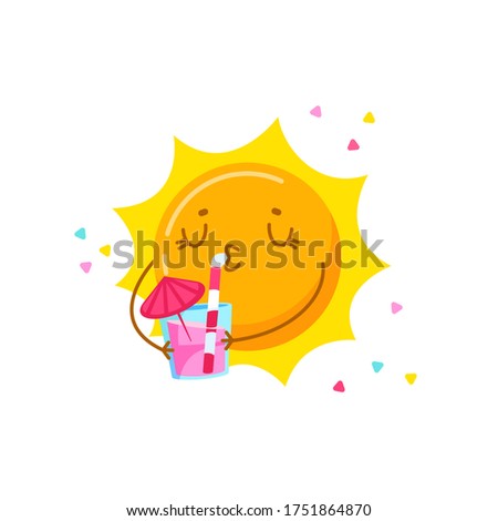 Cute Cartoon Sun Character Drinking Cocktail Isolated on White Background. Kawaii Personage Relaxing on Summer Vacation, Summertime Activity, Resort Spare Time. T-shirt Print. Vector Illustration