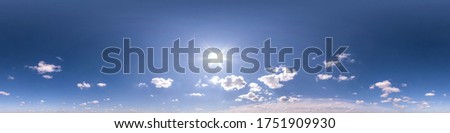 clear blue sky with white clouds without ground. Seamless hdri panorama 360 degrees angle view for use in 3d graphics or game development as sky dome or edit drone shot