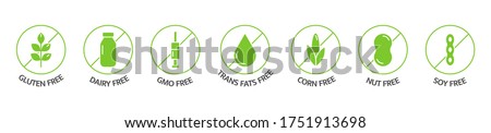 Organic food and drink labels. Food dietary. Product free allergen line icons. Natural products green stickers. Food intolerance. Healthy eating. GMO free emblems. Vegan, bio. Vector illustration.