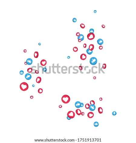 Like and thumbs up icons composition on white background. Social media falling elements. Live stream, video chat. 3d social network symbol. Counter notification. Emoji reaction. Vector illustration. Royalty-Free Stock Photo #1751913701