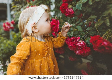 Child girl smelling flowers red roses in garden childhood baby summer lifestyle aromatherapy harmony with nature  Royalty-Free Stock Photo #1751947394