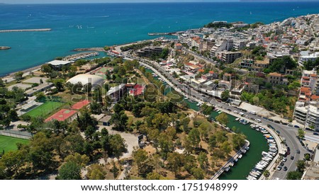 Aerial drone photo of famous seaside picturesque area of Mikrolimano meaning "small port" near port of Piraeus, Attica, Greece