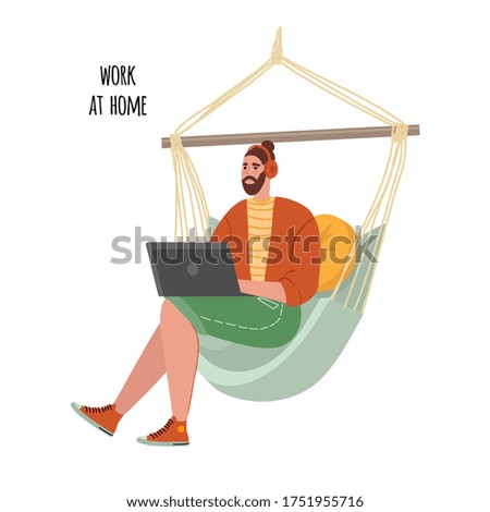 Illustration on the topic of work at home, concept. A young man works as a freelancer at home. People at home in quarantine. Isolated on a white background. Vector.